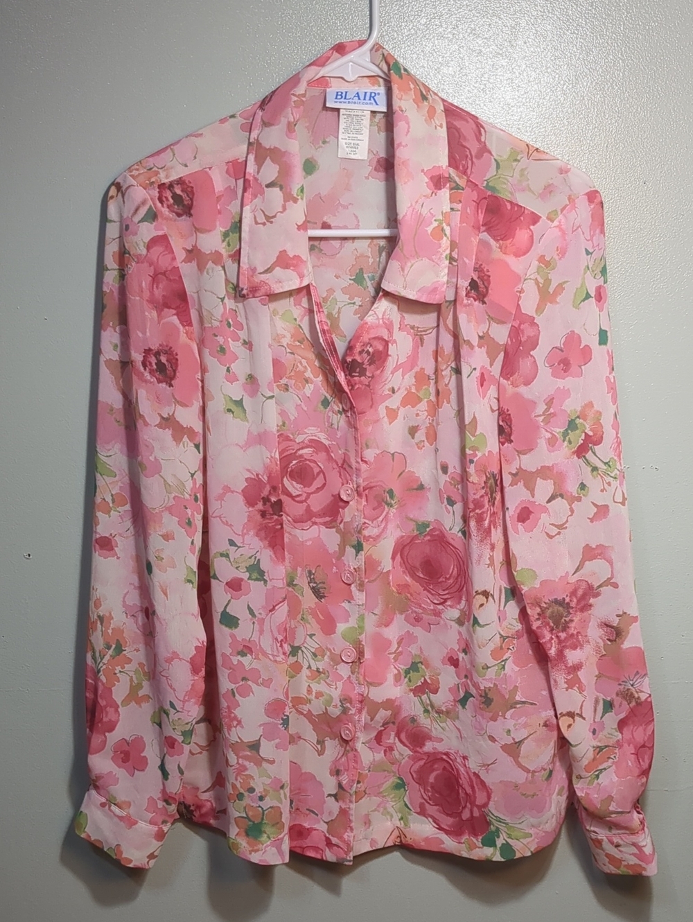 Blair Vintage Grandma Cottagecore Feminine 80s Pink Floral Long Sleeve Blouse,Sm